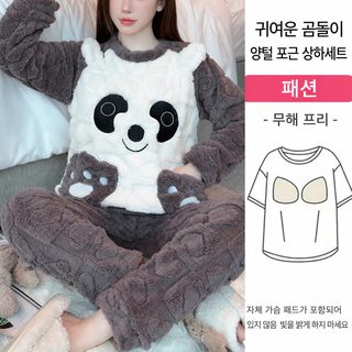 여성 겨울 수면잠옷 세트 카툰 산호 fleece 보온 홈웨어 긴팔 긴바지