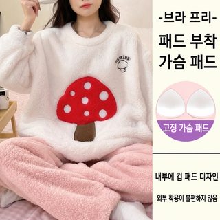 여성 겨울 산호털 잠옷 세트 가슴패드 나비 포켓 보온 극세사 홈웨어