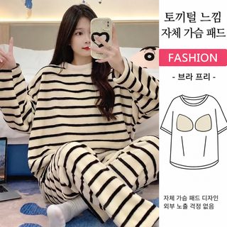 가슴 패드 가을 겨울 플란넬 두꺼운 코랄 벨벳 달콤한 한국판 보온 여성 잠옷 헐렁헐렁한 가정복