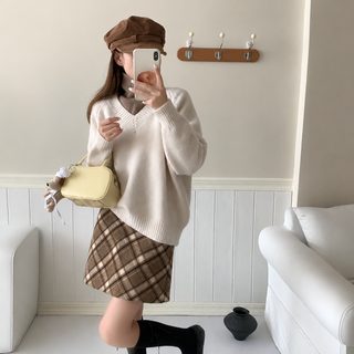 잉어 외한계 여성용 심플 V넥 루즈핏 단색 레이어드 니트 스웨터 긴소매