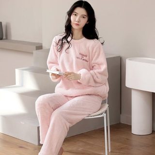 파자마 여성 가을 겨울 플란넬 두꺼운 코랄 벨벳 달콤한 한국판 보온 여성 잠옷 헐렁헐렁한 가정복