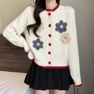 입체 꽃 하트 싱글 단추 니트 카디건 춘추 신상 달콤한 라운드 칼라 작은 상