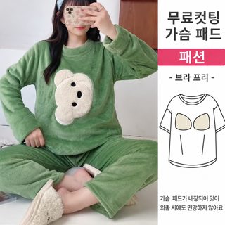 가슴 패드 가을 겨울 플란넬 두꺼운 코랄 벨벳 달콤한 한국판 보온 여성 잠옷 헐렁헐렁한 가정복