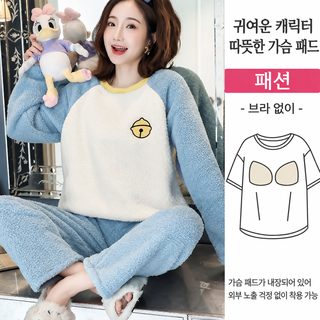 여성 겨울 기모 플란넬 잠옷 세트 라운드넥 긴팔 긴바지 보온 홈웨어