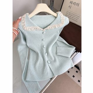 한국계 레이스 접합 니트 스웨터 여자 가을 겨울 레깅스 안에 고급감 감령
