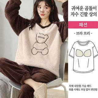 여성 겨울 극세사 산호벨벳 도톰한 수면잠옷 세트 루즈핏 홈웨어 브라패드