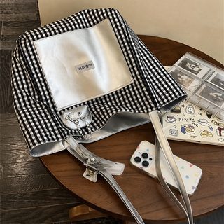 여성 PU 양면 토트백 대용량 체크 숄더백 심플 데일리 출퇴근 가방
