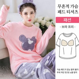 여성 겨울 플란넬 코랄벨벳 보온 긴팔 긴바지 잠옷 세트