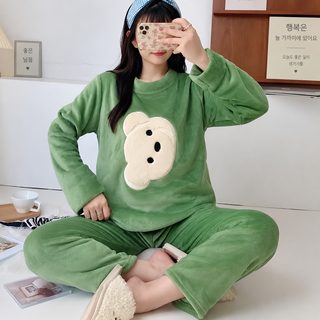 여성 겨울 플란넬 극세사 수면잠옷 세트 도톰한 보온 긴팔 긴바지 홈웨어