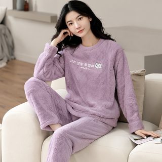 여성 겨울 플란넬 산호털 보온 잠옷 세트 긴팔 긴바지 루즈핏 홈웨어