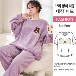 가슴 패드가 달린 가을 겨울 플란넬 긴 털에 두꺼운 산호모 만화 달콤한 여자 잠옷은 바깥으로 가정복을 입을 수 있다