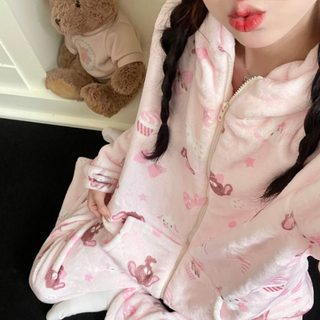 파자마녀 2025년 가을 겨울 신상 후드 지퍼 두께 보온 캐릭터 외장 가정복 세