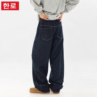 남성 빈티지 절개 와이드 스트레이트 청바지 루즈핏 중허리 롱 데님 팬츠
