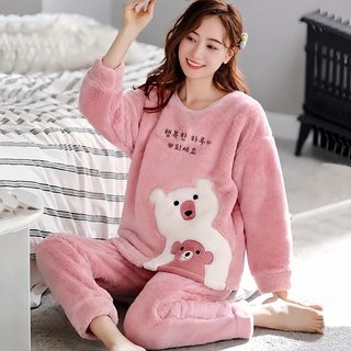 여성 겨울 플란넬 코랄 극세사 수면잠옷 세트 보온 루즈핏 긴팔 긴바지 홈
