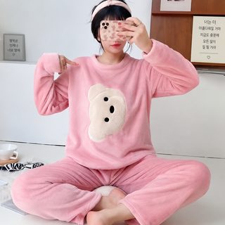 파자마 여성 가을 겨울 플란넬 두꺼운 코랄 벨벳 달콤한 한국판 보온 여성 잠옷 헐렁헐렁한 가정복