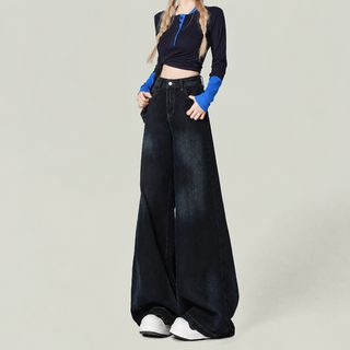 디자인 감각 블루 그레이 배 모양 큰 와이드 청바지 여성 트렌드 신상 미국식 하이웨이스트 루즈핏 바지