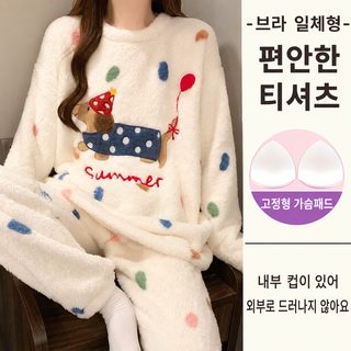 가슴 패드 가을 겨울 코랄 기모 두께 기모 플란넬 가정복 소녀 겨울 귀엽다 외장 세트
