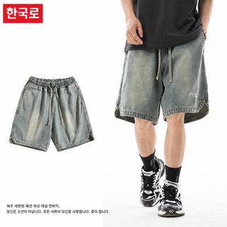한로 남성복 밑단 삼각 트임 디자인 데님 반바지 남성 여름 신상 미조 자수