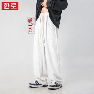 남성 400g 헤비웨이트 캐주얼 팬츠 곡선 절개 주름 와이드 루즈핏 롱팬츠