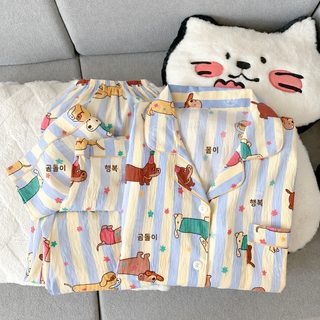 甜美韩系女士睡衣薄款云朵棉纱2026新款春秋季翻领长袖家居服套装