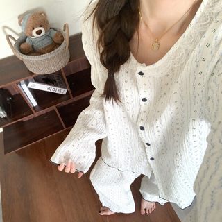 여성 플라워 패턴 긴팔 파자마 세트 클라우드 코튼 봄가을 여름 홈웨어 외
