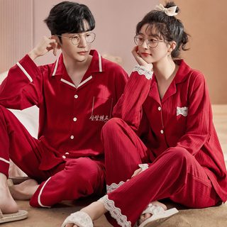 커플 잠옷녀 가을겨울 카디건 터틀넥 긴소매남 대홍명 년외 가정복 정장 결