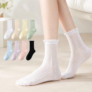아청자 여성용 무봉제 시스루 중목 양말 여름 얇은 프릴 발레코어 루즈삭스