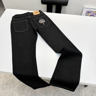 자수 로즈 블랙 데님 청바지 스트레이트핏 중허리 사계절 캐주얼 롱팬츠
