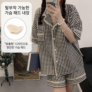 2025 여름 여성 브라패드 포함 카라 반팔 반바지 홈웨어 세트 외출용 잠옷