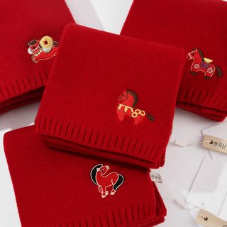 말띠 해 레드 울 혼방 니트 머플러 조랑말 자수 겨울 숏 스카프