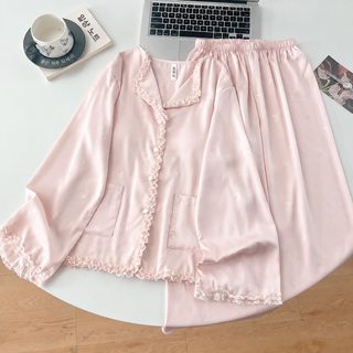 여성 잠옷 봄 가을 빙설사 엠보 카디건 터틀넥 레이스 긴 소매 긴 바지 겉으로 입을 수 있는 가정복 세트
