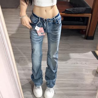 美式复古折痕磨白直筒牛仔裤女秋冬辣妹低腰弹力修身显瘦直筒长裤