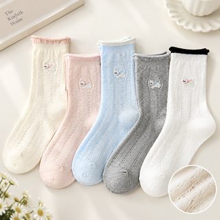 아청자 여성 여름 면 양말 강아지 자수 중목 무봉제 메쉬 통기성 봄여름 루