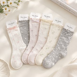 아청자 여성 봄여름 무봉제 중목 면양말 하트 리본 메쉬 통기성 루즈삭스