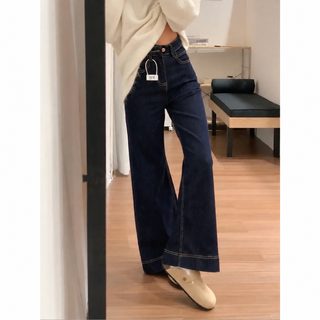 타닌 블루 하이웨스트 마이크로 랩 청바지 여자 이른 봄 큰 사이즈 뚱뚱 mm 탄력 날씬해 보이고 축 늘어진 느낌 작은 키 나팔바지