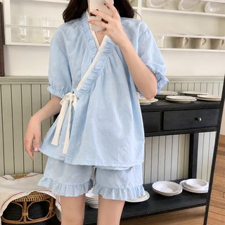 여름 구름 솜 편안 신 중국식 반소매 끈 잠옷 여성 신상 겉으로 입을 수 있