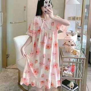 여성 여름 반팔 잠옷 원피스 얇은 귀여운 사각넥 홈웨어 라운지웨어
