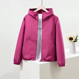 여성 봄가을 후드 바람막이 숏 재킷 루즈핏 컬러 배색 방풍 집업 아우터