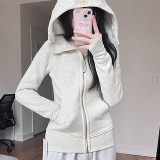 lulu 오리지널 자수 scuba 슬림핏 골드 지퍼 얇은 기모 후드 집업 여성 캐주얼