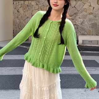 鲤外韩系设计感麻花针织开衫女春季宽松木耳边纯色毛衣外套上衣