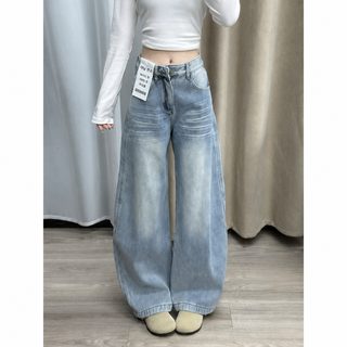 미국식 복고 엘보우 청바지 여자 봄 큰 사이즈 뚱뚱 mm 하이웨스트 와이드 슬림해 보이다 배 모양 몸매 와이드 롱팬츠