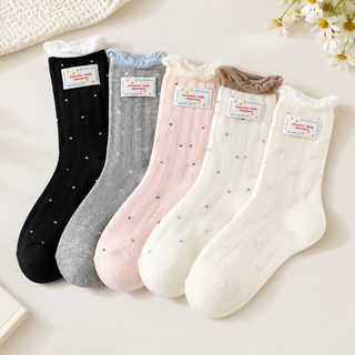아정네 여성 봄여름 도트 배색 중목 양말 통기성 좋은 얇은 면 캐주얼 양말
