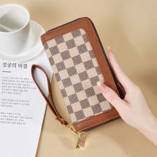 빈티지 접합 지갑 여자 복식 지퍼 신형 바둑판 격자 핸드폰 가방 대용량 다