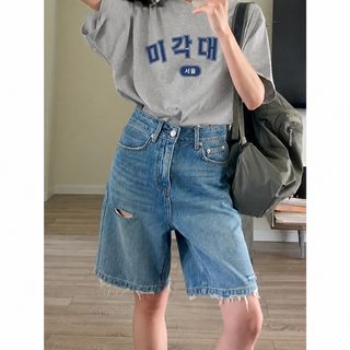 찢어진 데님 반바지 여자 5분 2026 여름 얇은 하이웨스트 와이드 빅 사이즈 뚱뚱 mm 백합 와이드 중바지