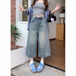 아메리칸 빈티지 낡은 워싱 스트레이트 데님 미디엄 팬츠 여성 여름 패션 헐렁헐렁 큰 사이즈 와이드 다리 8부 청바지