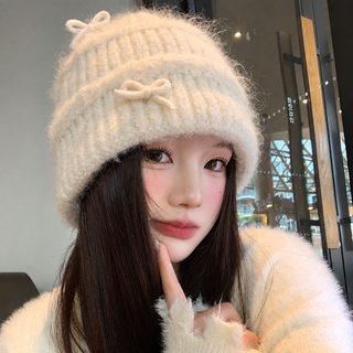 흰색 리본 모직 비니 여자 가을 겨울 얼굴 작은 털실 모자 큰 머리 둘레 보온 귀 보호대 모자