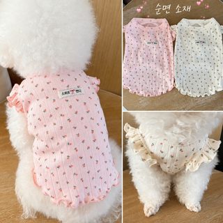 강아지 봄여름 얇은 플라워 패턴 플레어 소매 티셔츠 소형견 고양이 산책용