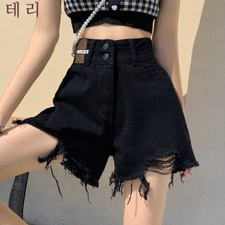 블랙 찢어진 데님 반바지 여하 2026년 신상 ins 트렌디 빅 사이즈 모직 핫팬츠 a자 와이드 팬츠
