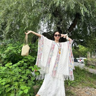 여성 에스닉 니트 숄 판초 가디건 태슬 체크무늬 여행 촬영용 루즈핏 아우
