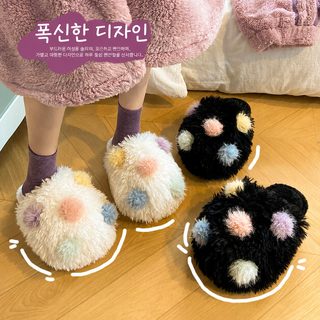 여성 겨울 털방울 퍼 슬리퍼 실내 보온 두꺼운 미끄럼 방지 홈슬리퍼